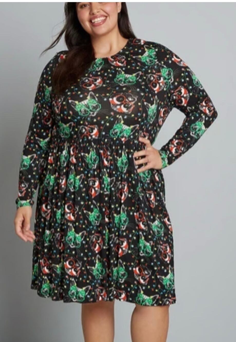 Modcloth Retro Inspired Christmas Kitties Cat Babydoll Dress 2X NWT